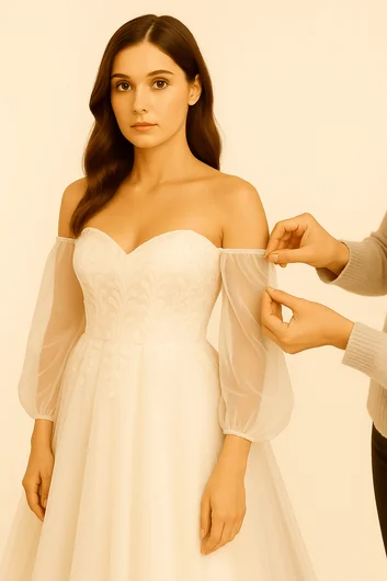 Wedding dress alteration showing sleeves being added to a strapless gown for perfect coverage